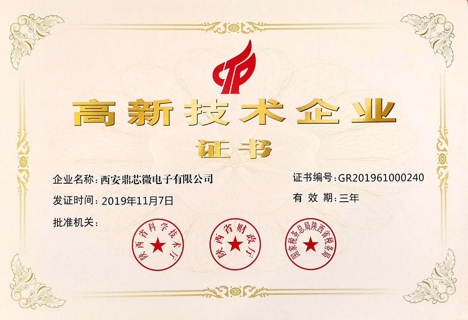 2019年高新企业证书